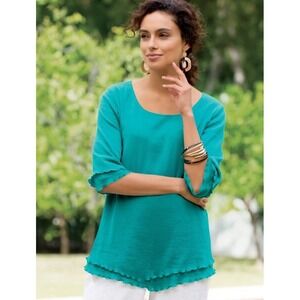 Soft Surroundings Tunic Top Womens Size‎ 1X Siesta Green Gauzy 3/4 Sleeves Beach